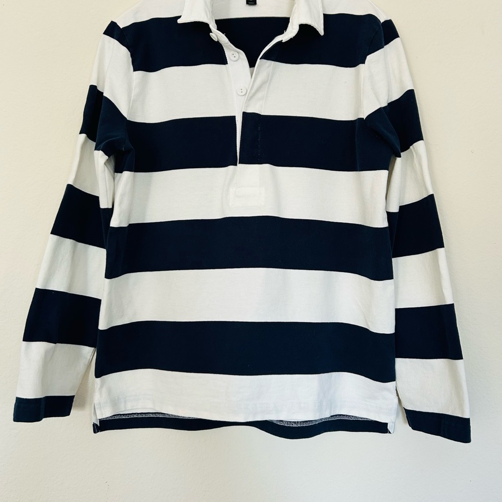 J. Crew Women Navy and White Striped Button Down Shirt sz. M